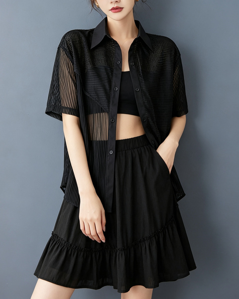 ellazhu Women's Sheer Mesh Button Down Short Sleeve Blouse Coverup GX016 Black