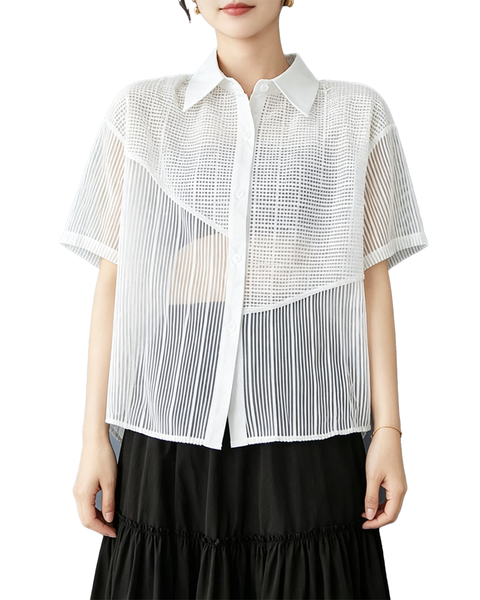 ellazhu Women's Sheer Mesh Button Down Short Sleeve Blouse Coverup GX016 Black