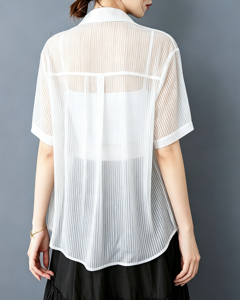 ellazhu Women's Sheer Mesh Button Down Short Sleeve Blouse Coverup GX016 Black