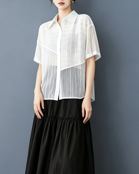 ellazhu Women's Sheer Mesh Button Down Short Sleeve Blouse Coverup GX016 Black