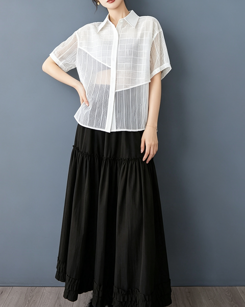 ellazhu Women's Sheer Mesh Button Down Short Sleeve Blouse Coverup GX016 Black
