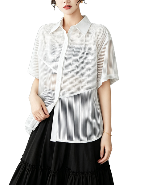 ellazhu Women's Sheer Mesh Button Down Short Sleeve Blouse Coverup GX016 Black