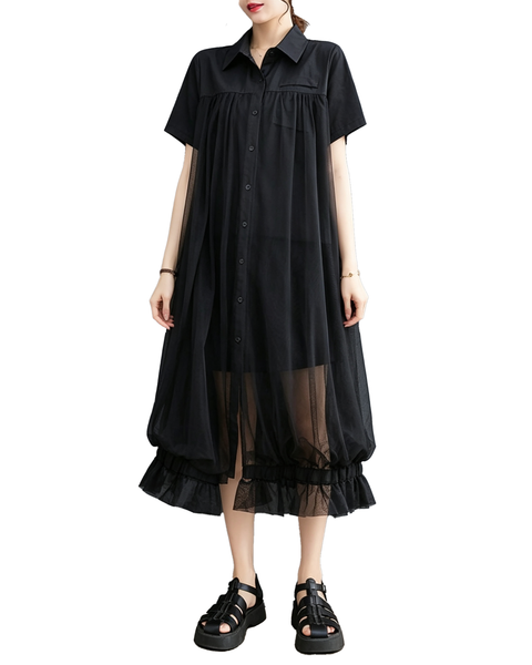 ellazhu Women's Oversized Sheer Mesh Button Down Shirt Dress Tulle GX017 Black
