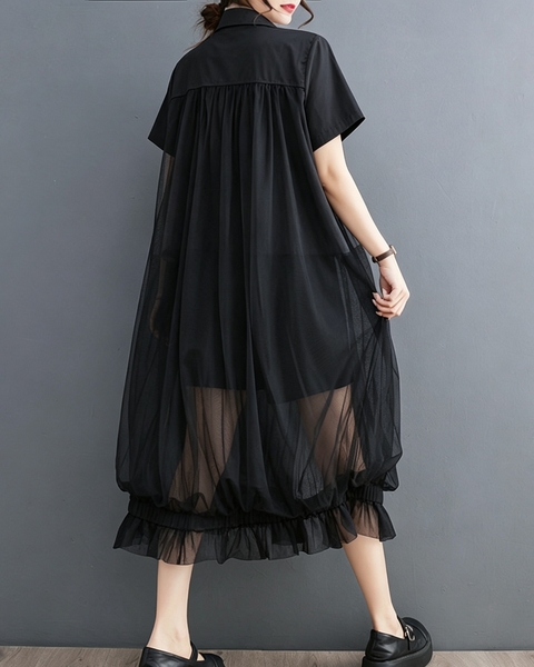ellazhu Women's Oversized Sheer Mesh Button Down Shirt Dress Tulle GX017 Black