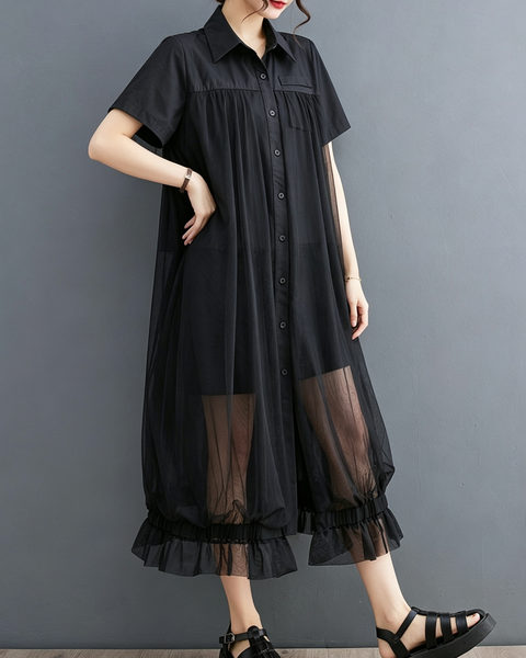 ellazhu Women's Oversized Sheer Mesh Button Down Shirt Dress Tulle GX017 Black