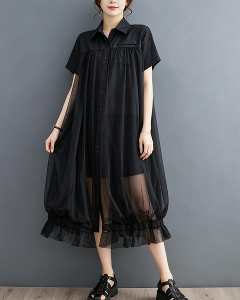 ellazhu Women's Oversized Sheer Mesh Button Down Shirt Dress Tulle GX017 Black