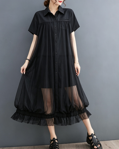 ellazhu Women's Oversized Sheer Mesh Button Down Shirt Dress Tulle GX017 Black