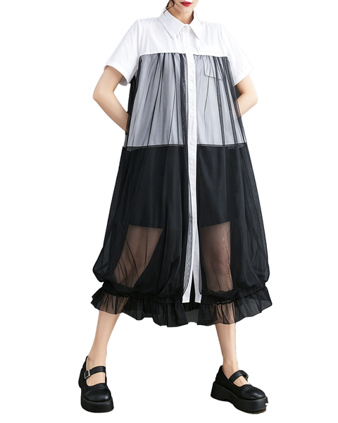 ellazhu Women's Oversized Sheer Mesh Button Down Shirt Dress Tulle GX017 Black