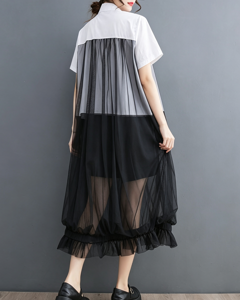 ellazhu Women's Oversized Sheer Mesh Button Down Shirt Dress Tulle GX017 Black