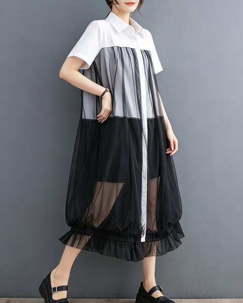 ellazhu Women's Oversized Sheer Mesh Button Down Shirt Dress Tulle GX017 Black