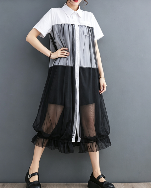 ellazhu Women's Oversized Sheer Mesh Button Down Shirt Dress Tulle GX017 Black