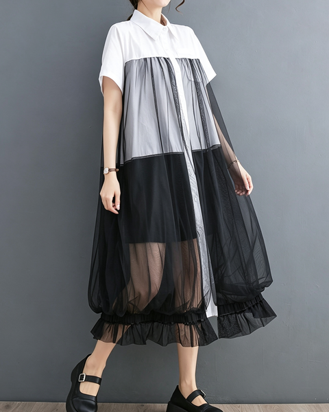 ellazhu Women's Oversized Sheer Mesh Button Down Shirt Dress Tulle GX017 Black