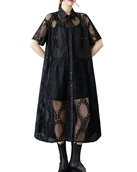 ellazhu Women's Oversized Lace Mesh Button Down Shirt Dress Casual GX018 Black