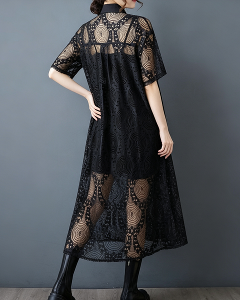 ellazhu Women's Oversized Lace Mesh Button Down Shirt Dress Casual GX018 Black