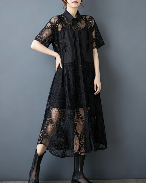 ellazhu Women's Oversized Lace Mesh Button Down Shirt Dress Casual GX018 Black