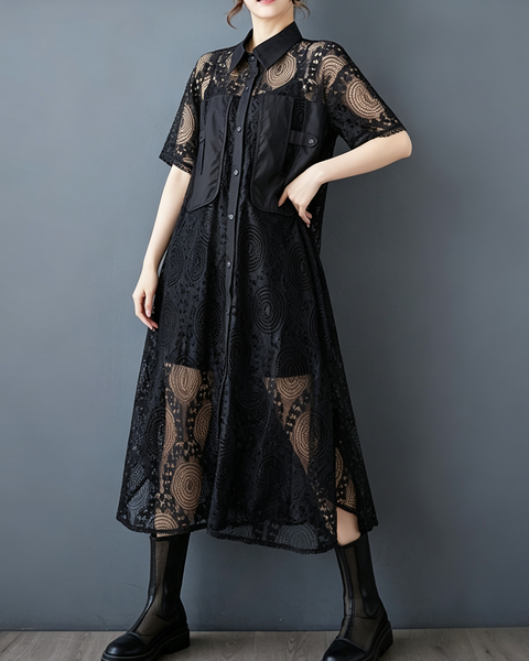 ellazhu Women's Oversized Lace Mesh Button Down Shirt Dress Casual GX018 Black