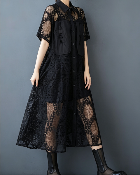 ellazhu Women's Oversized Lace Mesh Button Down Shirt Dress Casual GX018 Black