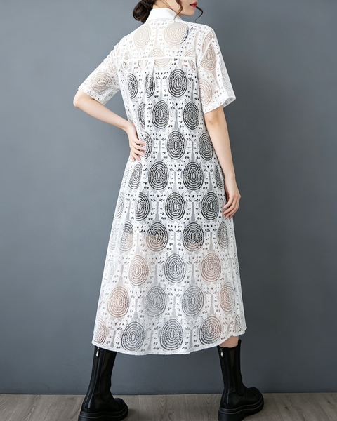 ellazhu Women's Oversized Lace Mesh Button Down Shirt Dress Casual GX018 Black