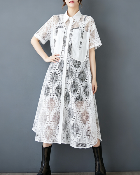 ellazhu Women's Oversized Lace Mesh Button Down Shirt Dress Casual GX018 Black