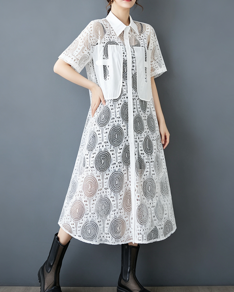 ellazhu Women's Oversized Lace Mesh Button Down Shirt Dress Casual GX018 Black