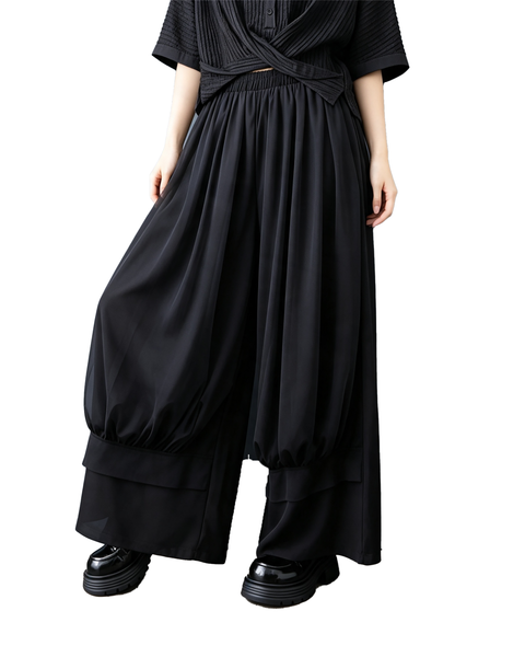 ellazhu Women's Mesh Patchwork Wide Leg Pants Skirt Elastic Casual GX019 Black