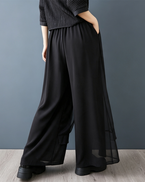 ellazhu Women's Mesh Patchwork Wide Leg Pants Skirt Elastic Casual GX019 Black