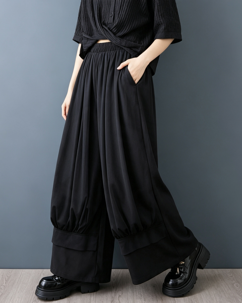 ellazhu Women's Mesh Patchwork Wide Leg Pants Skirt Elastic Casual GX019 Black