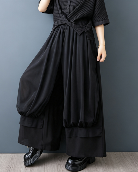 ellazhu Women's Mesh Patchwork Wide Leg Pants Skirt Elastic Casual GX019 Black