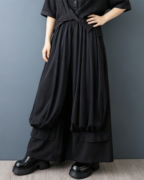 ellazhu Women's Mesh Patchwork Wide Leg Pants Skirt Elastic Casual GX019 Black
