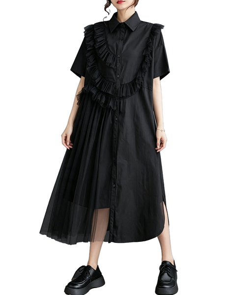 ellazhu Women's Cotton Blend Collared Mesh Ruffle Button Shirtdress GX02 Black