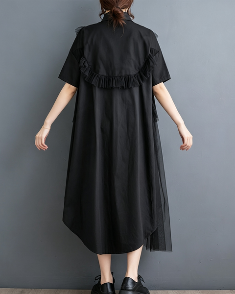 ellazhu Women's Cotton Blend Collared Mesh Ruffle Button Shirtdress GX02 Black