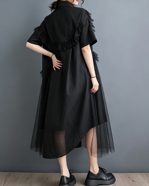 ellazhu Women's Cotton Blend Collared Mesh Ruffle Button Shirtdress GX02 Black