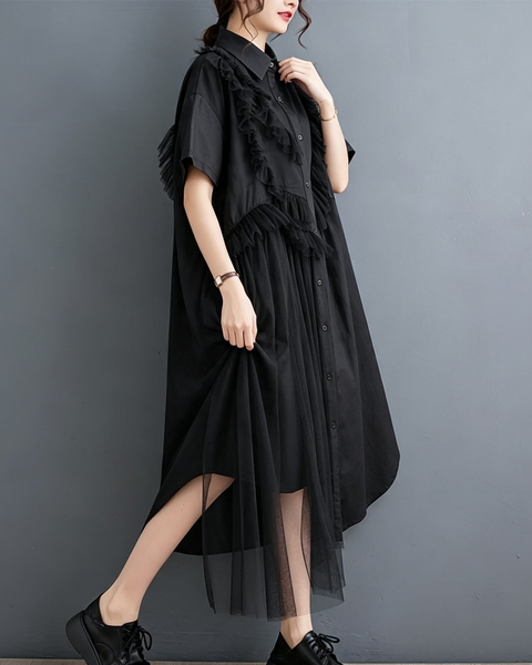ellazhu Women's Cotton Blend Collared Mesh Ruffle Button Shirtdress GX02 Black