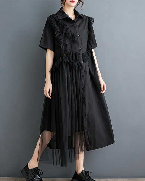 ellazhu Women's Cotton Blend Collared Mesh Ruffle Button Shirtdress GX02 Black