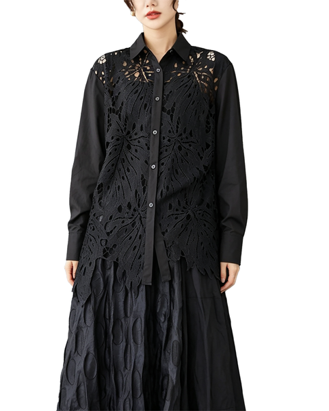 ellazhu Women's Oversized Lace Crochet Button Down Long Sleeve Top GX020 Black