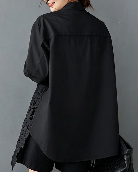 ellazhu Women's Oversized Lace Crochet Button Down Long Sleeve Top GX020 Black