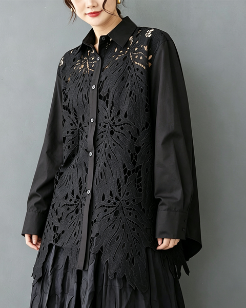 ellazhu Women's Oversized Lace Crochet Button Down Long Sleeve Top GX020 Black