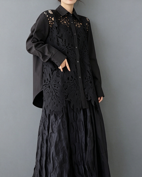 ellazhu Women's Oversized Lace Crochet Button Down Long Sleeve Top GX020 Black