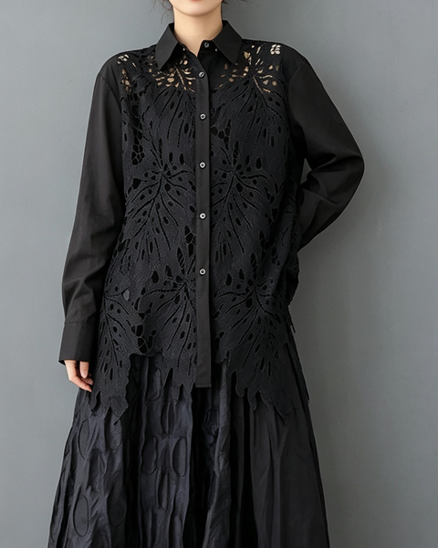 ellazhu Women's Oversized Lace Crochet Button Down Long Sleeve Top GX020 Black