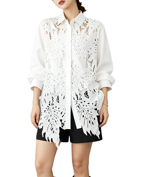 ellazhu Women's Oversized Lace Crochet Button Down Long Sleeve Top GX020 Black