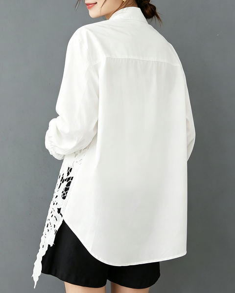 ellazhu Women's Oversized Lace Crochet Button Down Long Sleeve Top GX020 Black
