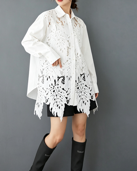 ellazhu Women's Oversized Lace Crochet Button Down Long Sleeve Top GX020 Black