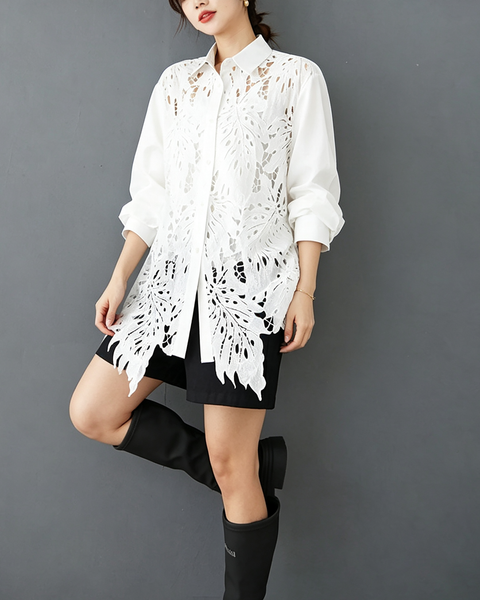 ellazhu Women's Oversized Lace Crochet Button Down Long Sleeve Top GX020 Black