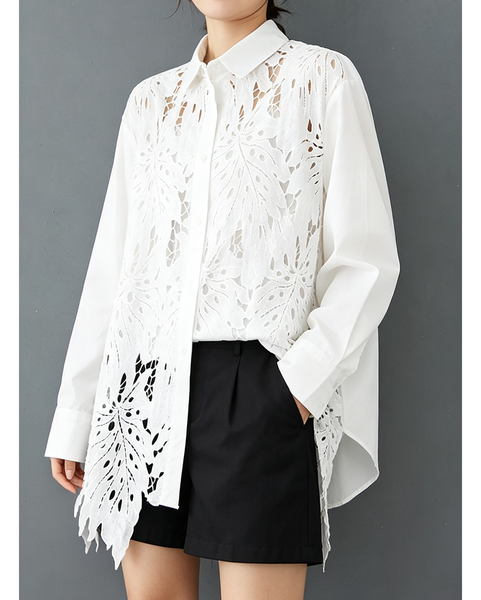 ellazhu Women's Oversized Lace Crochet Button Down Long Sleeve Top GX020 Black