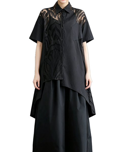 ellazhu Women's Cotton Blend Lace Patchwork Irregular Shirt Dresses GX03 Black