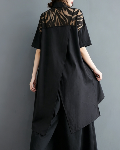 ellazhu Women's Cotton Blend Lace Patchwork Irregular Shirt Dresses GX03 Black