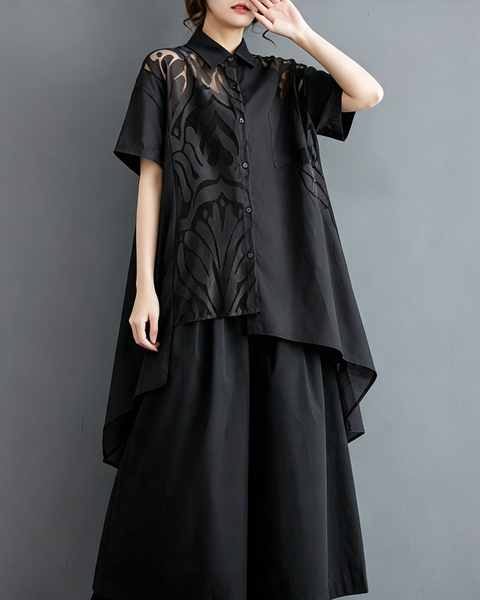 ellazhu Women's Cotton Blend Lace Patchwork Irregular Shirt Dresses GX03 Black