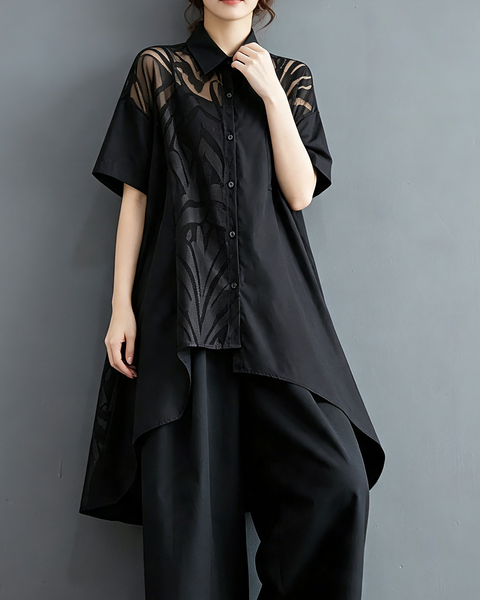 ellazhu Women's Cotton Blend Lace Patchwork Irregular Shirt Dresses GX03 Black