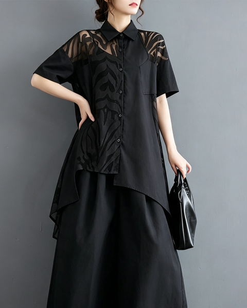 ellazhu Women's Cotton Blend Lace Patchwork Irregular Shirt Dresses GX03 Black