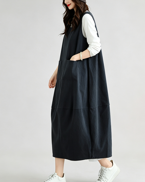 ellazhu Women's Oversized Square Neck Corduroy Pocket Jumper Dress GX033